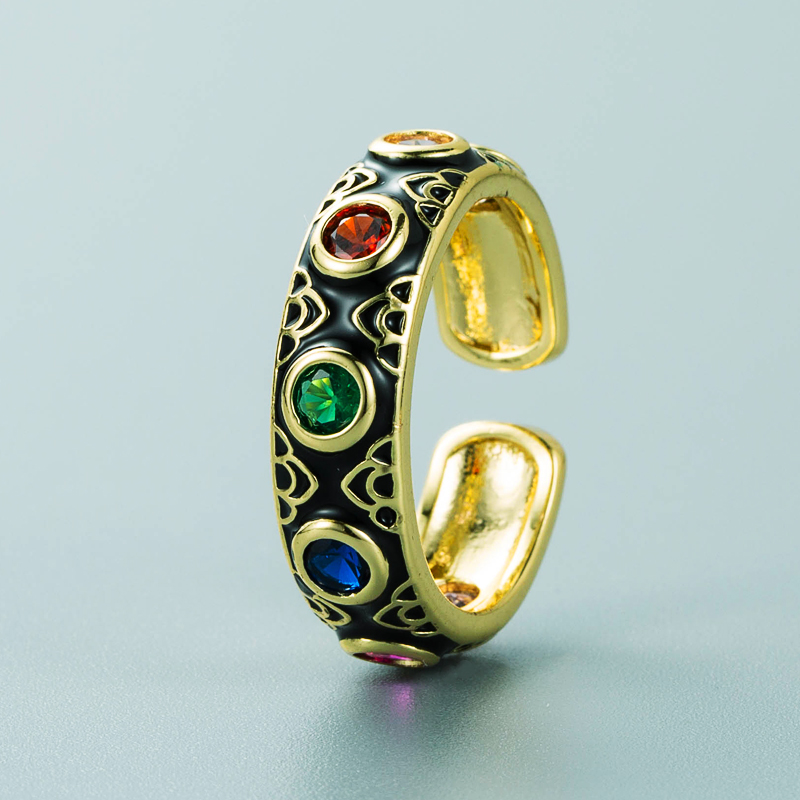 fashion copper plated 18K gold inlaid zircon drip oil ring enamel color craft colorful gem ethnic style ringpicture8