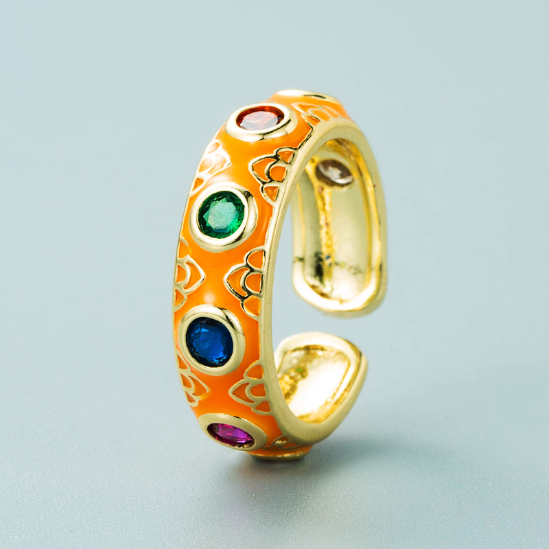 fashion copper plated 18K gold inlaid zircon drip oil ring enamel color craft colorful gem ethnic style ringpicture7