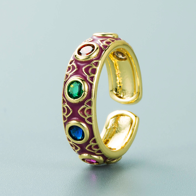 fashion copper plated 18K gold inlaid zircon drip oil ring enamel color craft colorful gem ethnic style ringpicture5