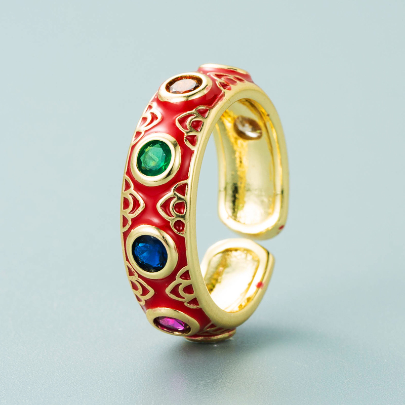 fashion copper plated 18K gold inlaid zircon drip oil ring enamel color craft colorful gem ethnic style ringpicture4