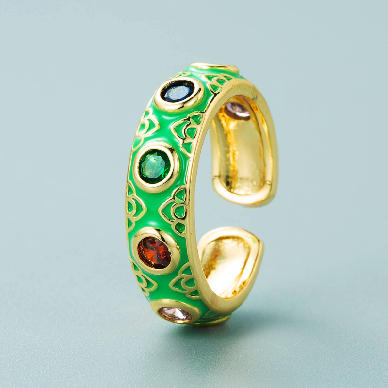 fashion copper plated 18K gold inlaid zircon drip oil ring enamel color craft colorful gem ethnic style ringpicture3