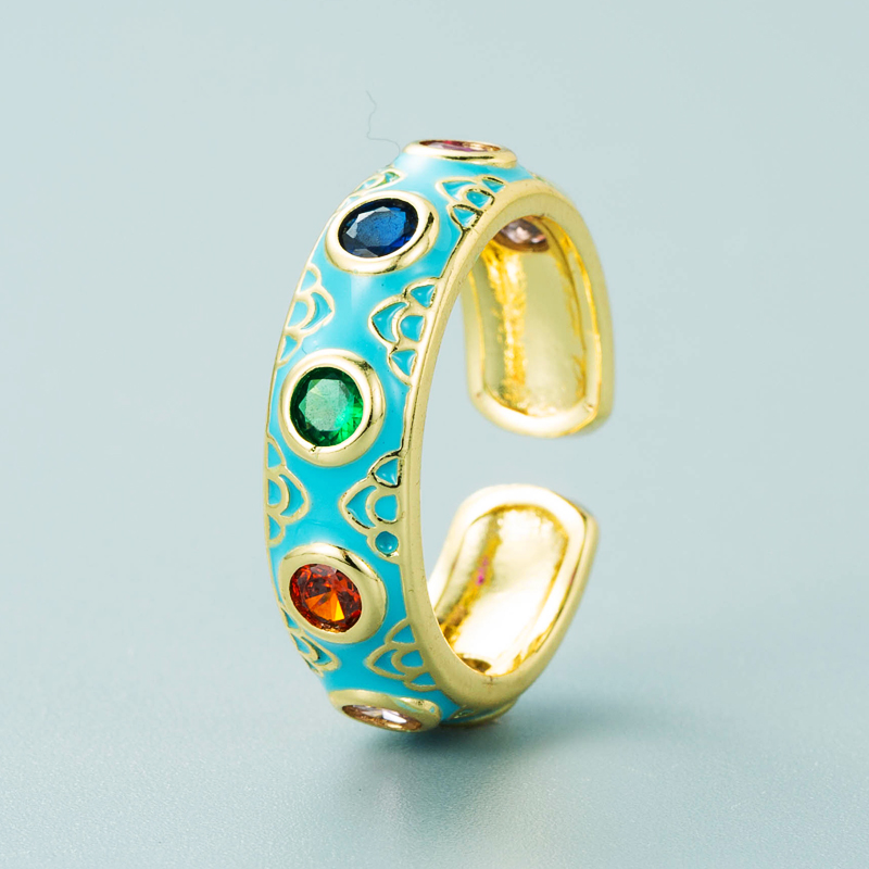 fashion copper plated 18K gold inlaid zircon drip oil ring enamel color craft colorful gem ethnic style ringpicture2