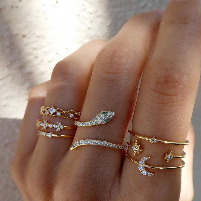 full diamond serpentine moon ring 7 set