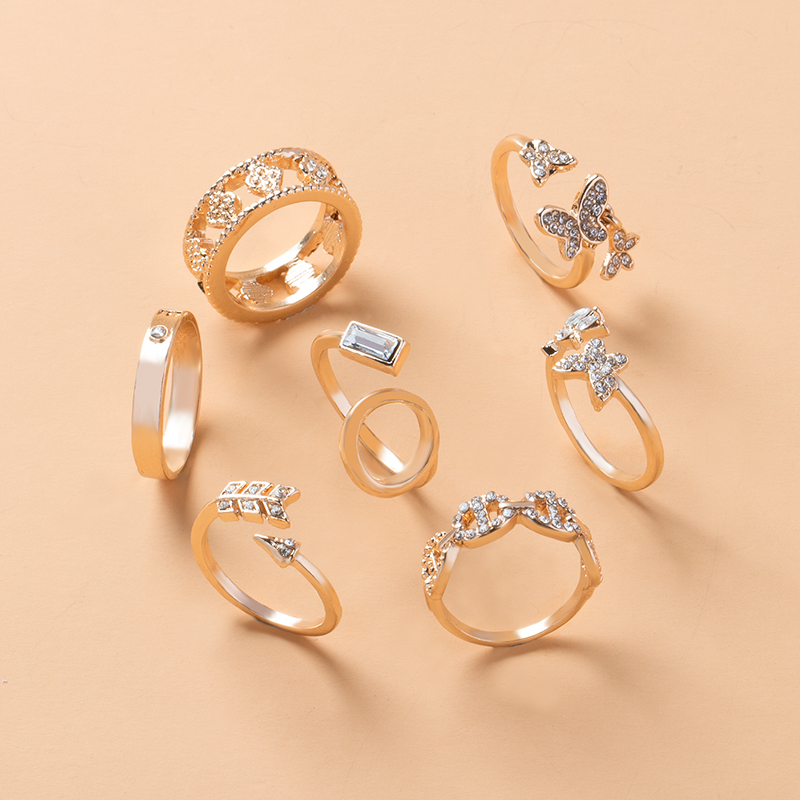 diamond butterfly leaf hollow geometric open ring 7 set