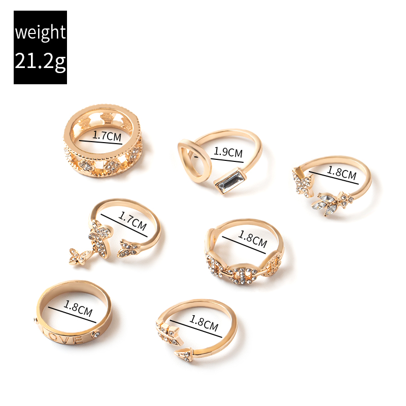 diamond butterfly leaf hollow geometric open ring 7 set