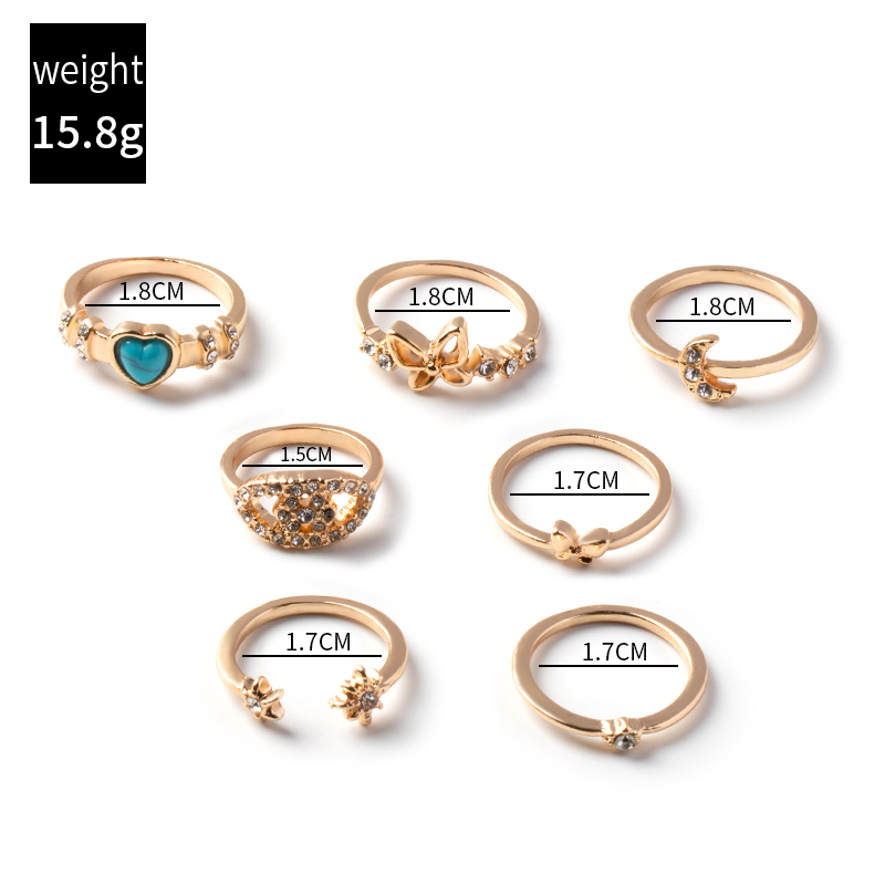 diamond butterfly heart turquoise ring 7 set