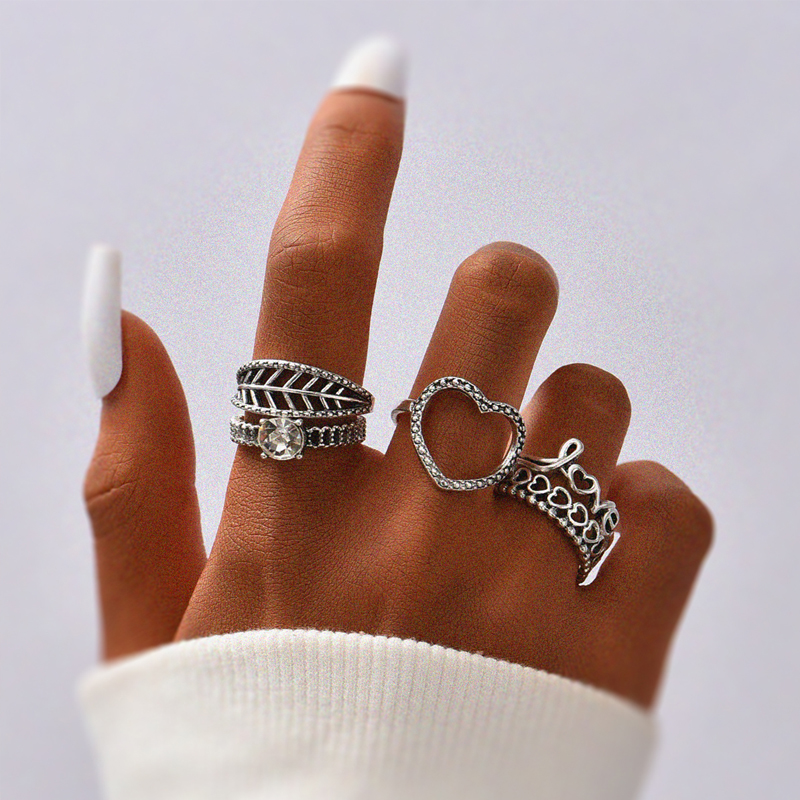 simple letter heart hollow leaf ring 6 set