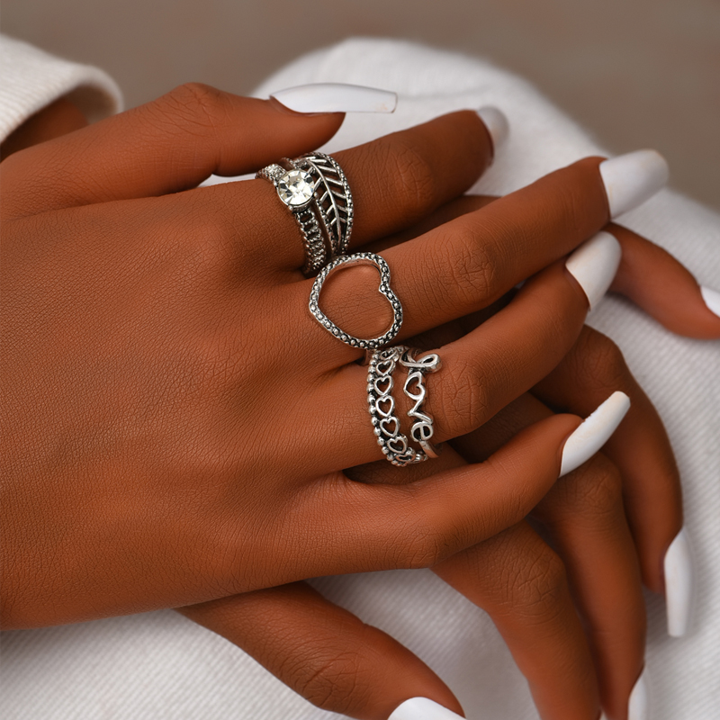 simple letter heart hollow leaf ring 6 set