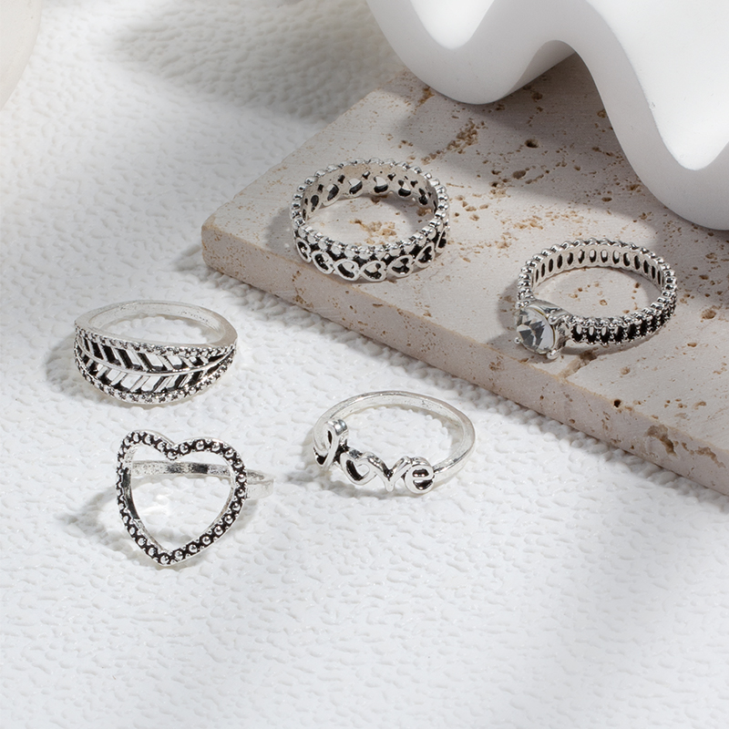 simple letter heart hollow leaf ring 6 set