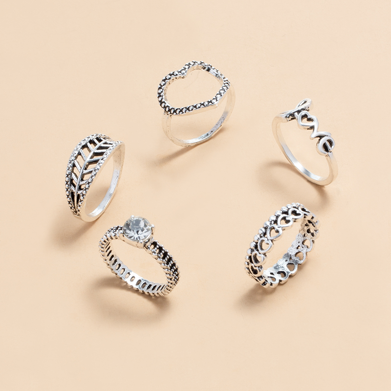 simple letter heart hollow leaf ring 6 set