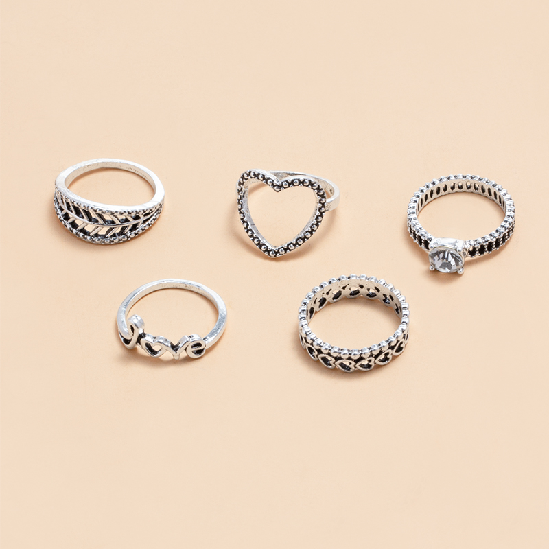 simple letter heart hollow leaf ring 6 set