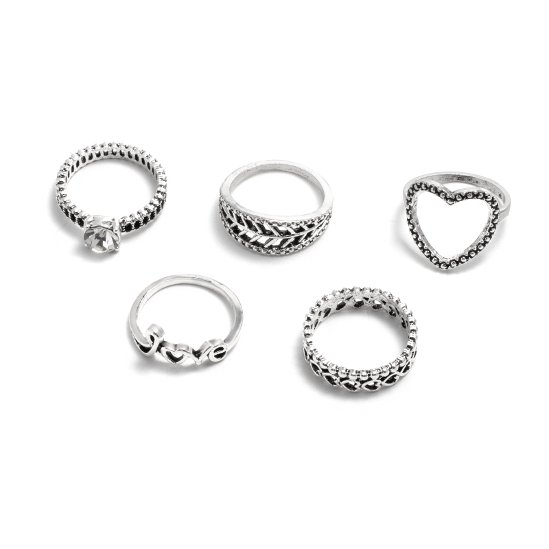 simple letter heart hollow leaf ring 6 set