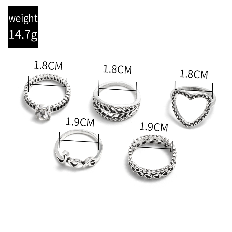 simple letter heart hollow leaf ring 6 set