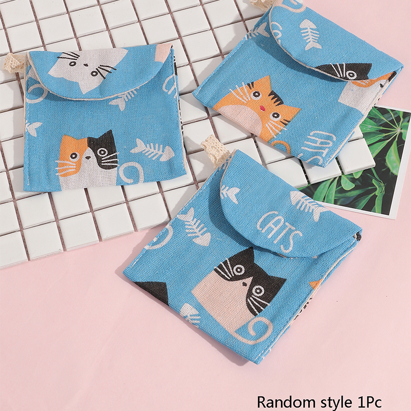 Single cotton linen portable cat printed sanitary napkin storage bagpicture3