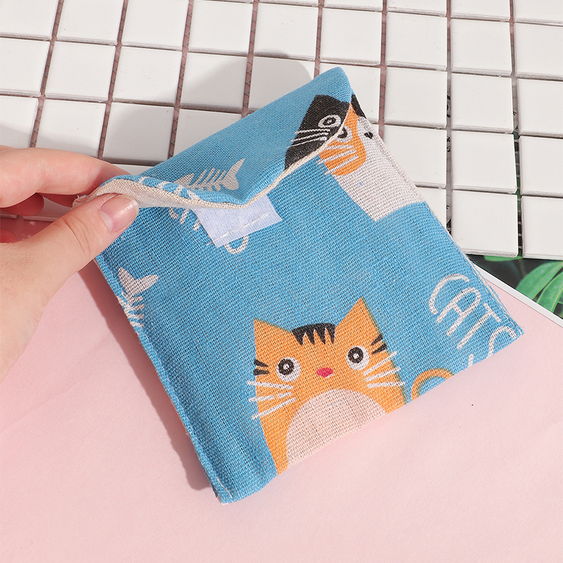 Single cotton linen portable cat printed sanitary napkin storage bagpicture4