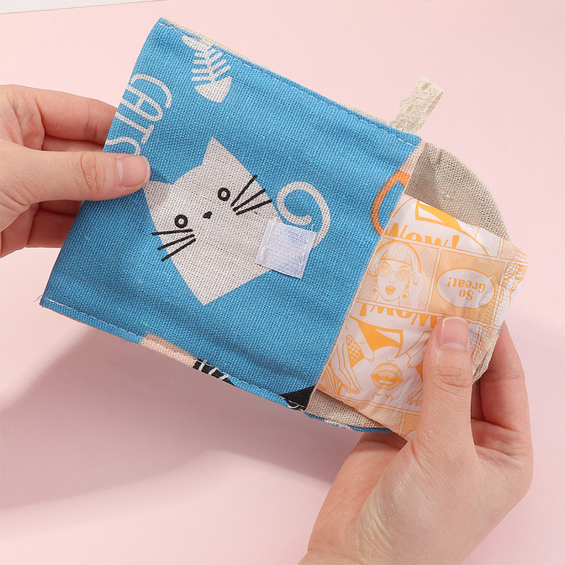 Single cotton linen portable cat printed sanitary napkin storage bagpicture5
