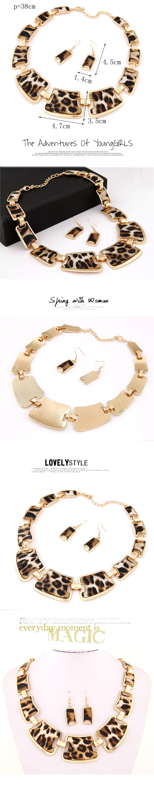 European and American fashion metal leopard geometric square stitching necklace earrings set