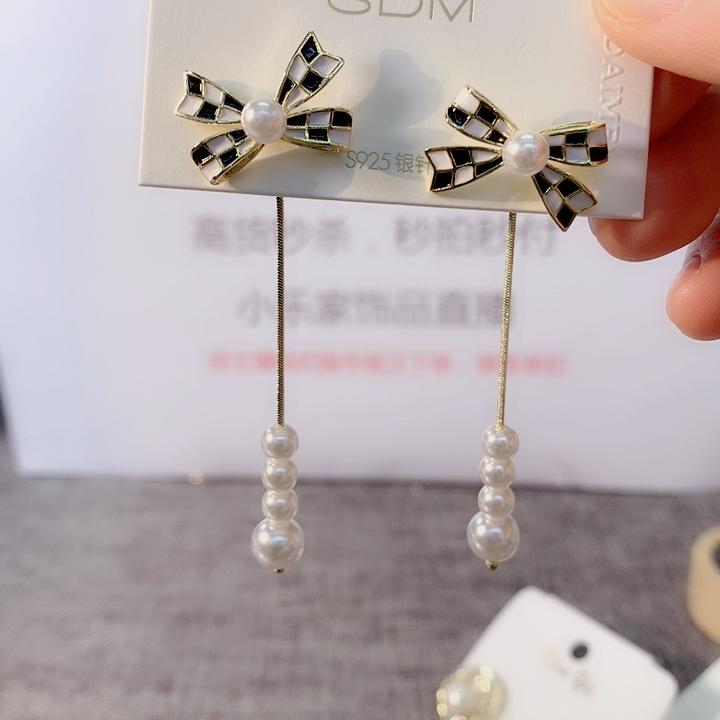 fashion bow shaped polka dot long tassel pearl alloy drop earringspicture1