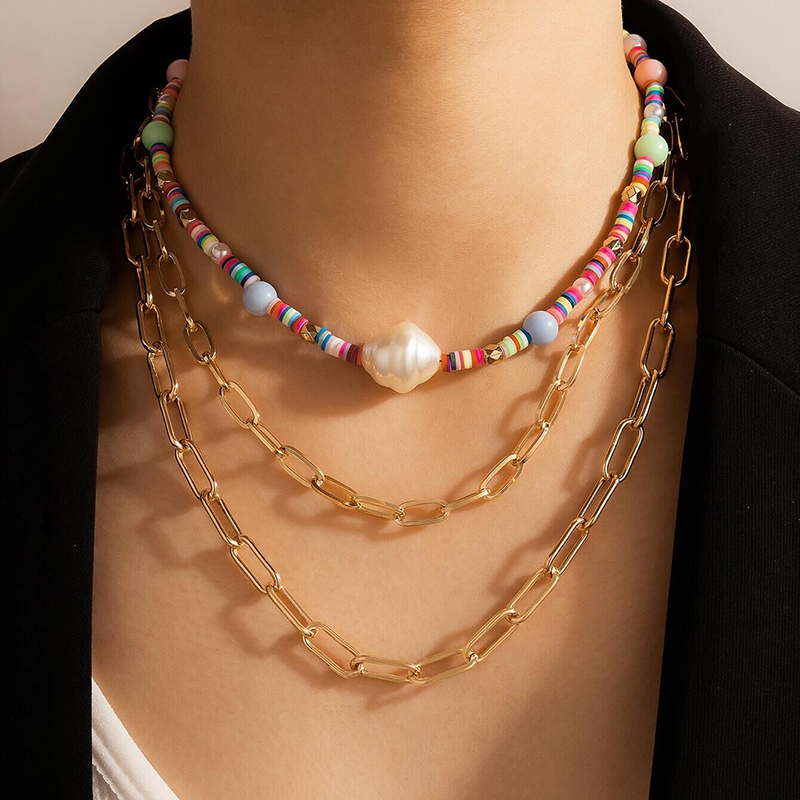 Bohemian style color beads three-layer necklace thick chain multi-layer necklace