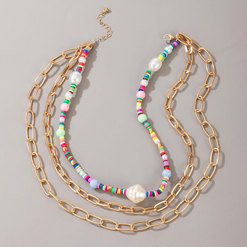 Bohemian style color beads three-layer necklace thick chain multi-layer necklace