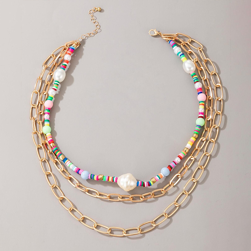 Bohemian style color beads three-layer necklace thick chain multi-layer necklace