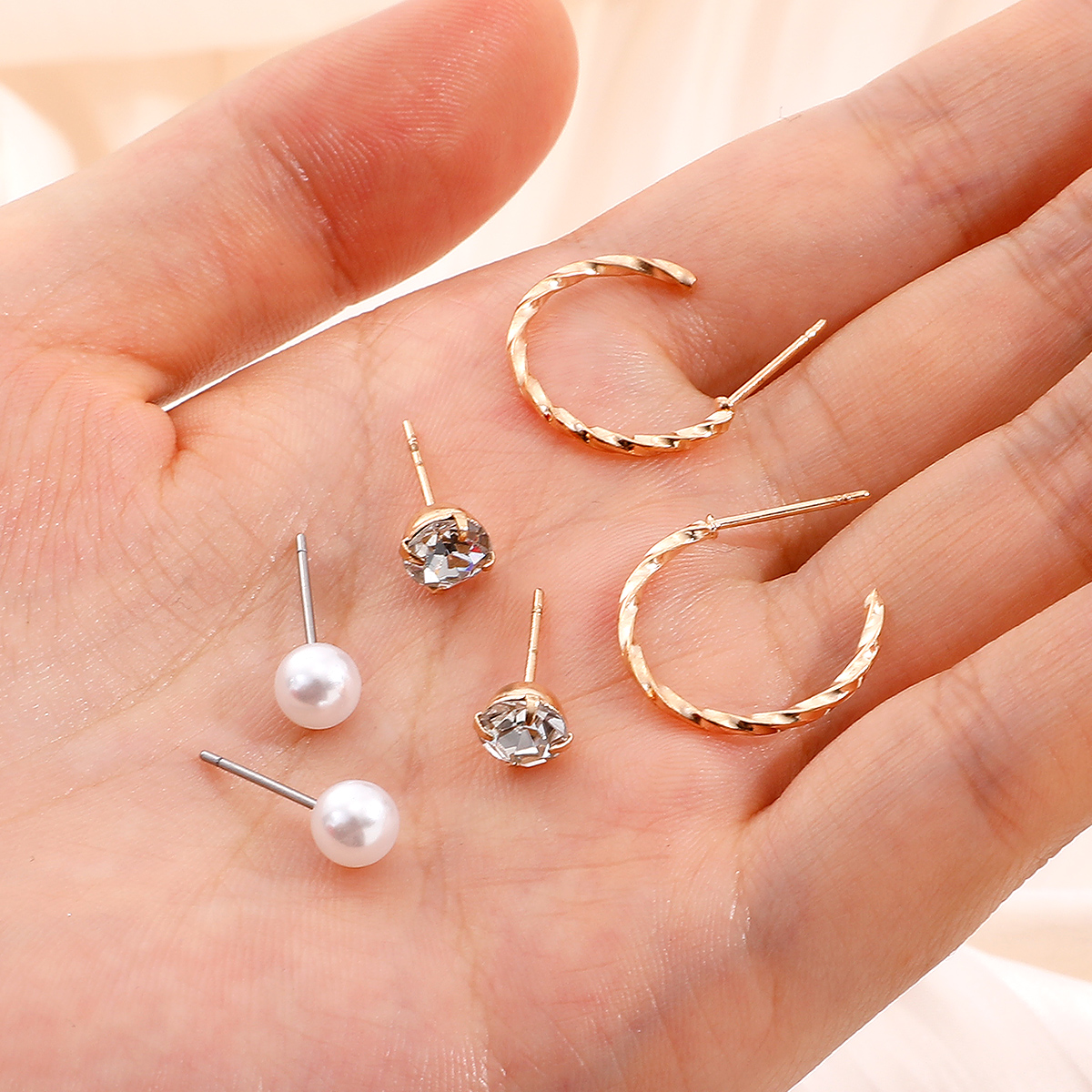 fashion geometric pearl inlaid rhinestone hoop earring set NHHUQ509028picture1