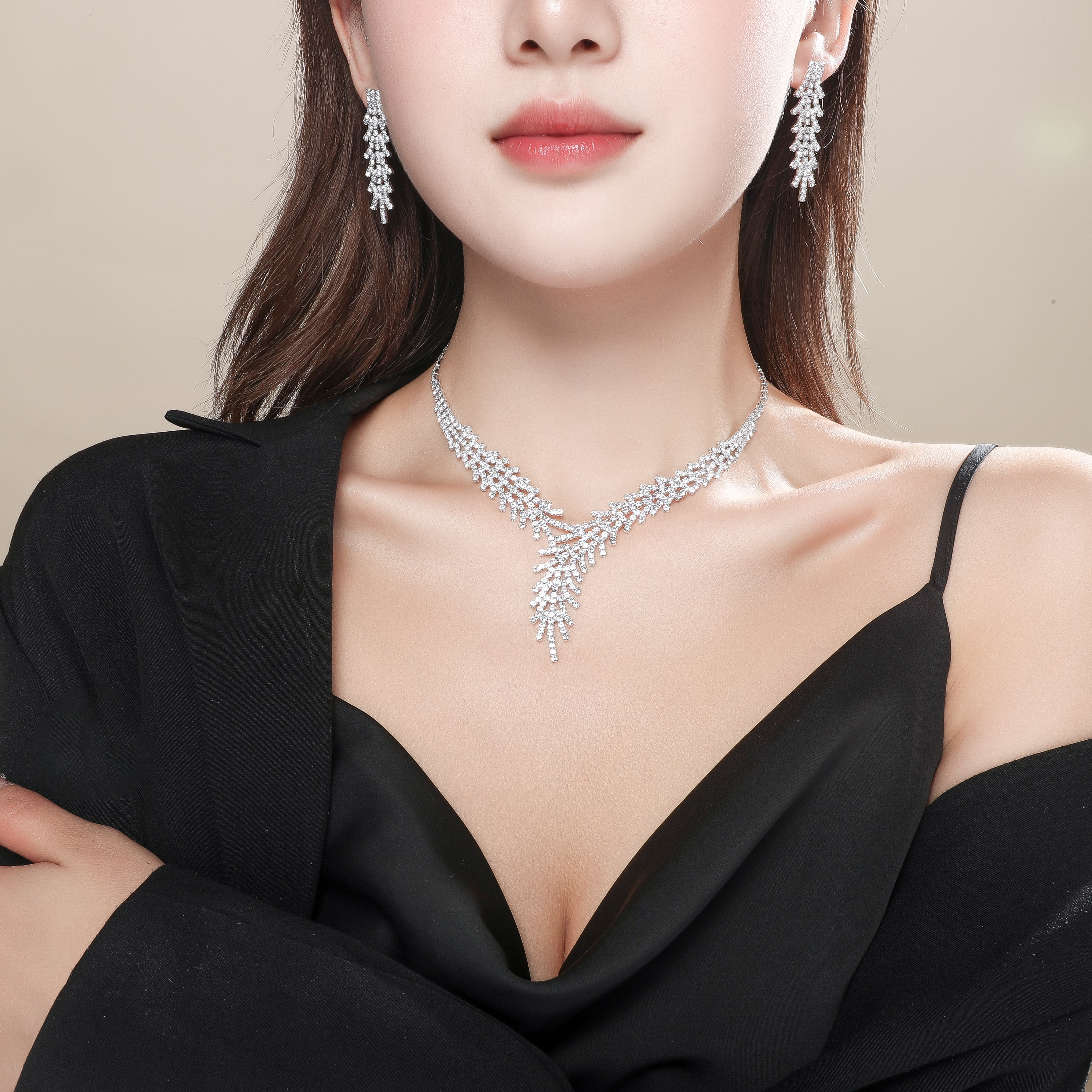 Womenu0027s Fashion Hollow Branch Diamond Necklace Earrings Set Wholesale