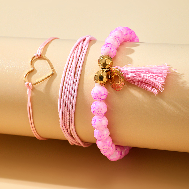 Handwoven pink string beaded love pattern 3piece bracelet setpicture1