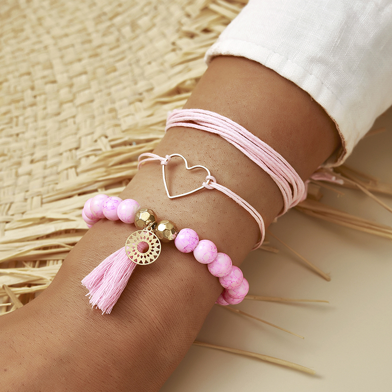Handwoven pink string beaded love pattern 3piece bracelet setpicture3