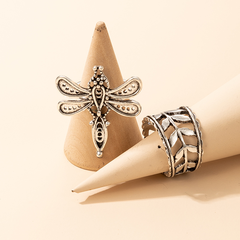 retro simple hollow leaf cute dragonfly ring