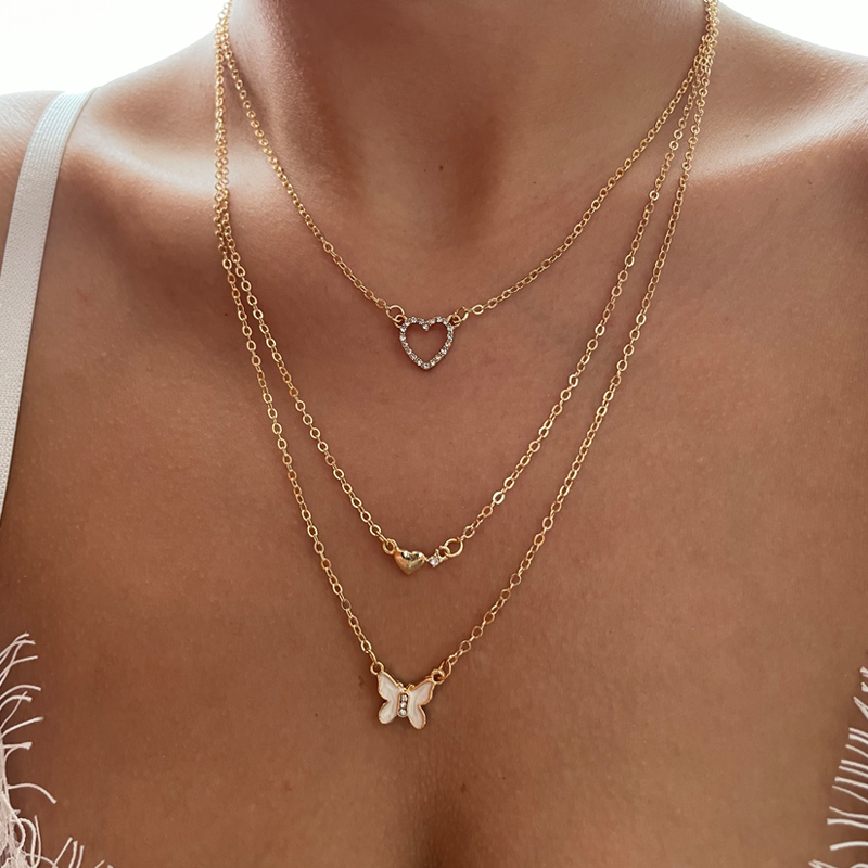 korean fashion style new diamond-studded peach heart butterfly necklace