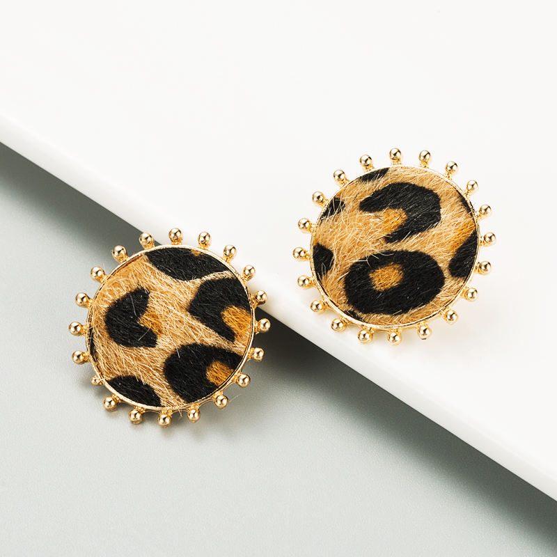 simple round alloy leopard print flocking earrings