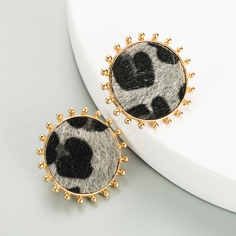 simple round alloy leopard print flocking earrings