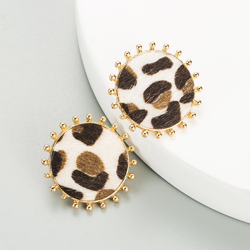 simple round alloy leopard print flocking earrings