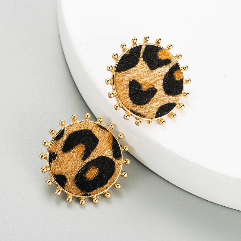 simple round alloy leopard print flocking earrings