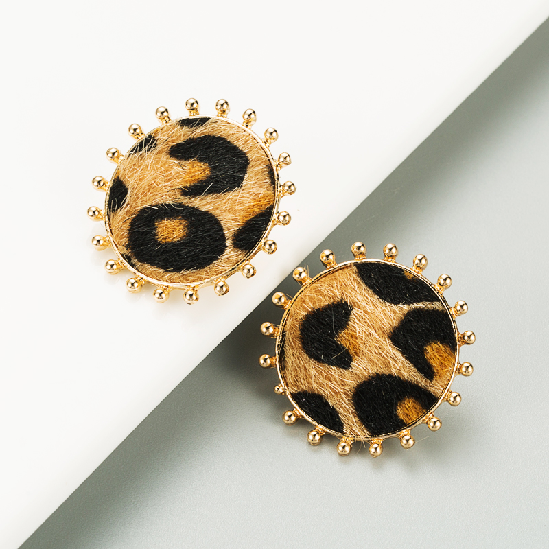 simple round alloy leopard print flocking earrings