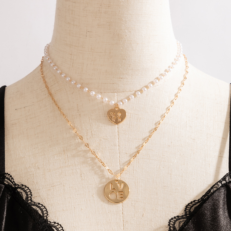 Korean new cute romantic pearl love pendant hollow letter doublelayer necklacepicture1