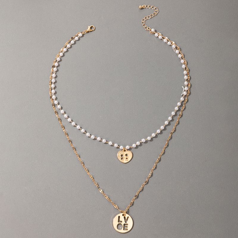 Korean new cute romantic pearl love pendant hollow letter doublelayer necklacepicture2