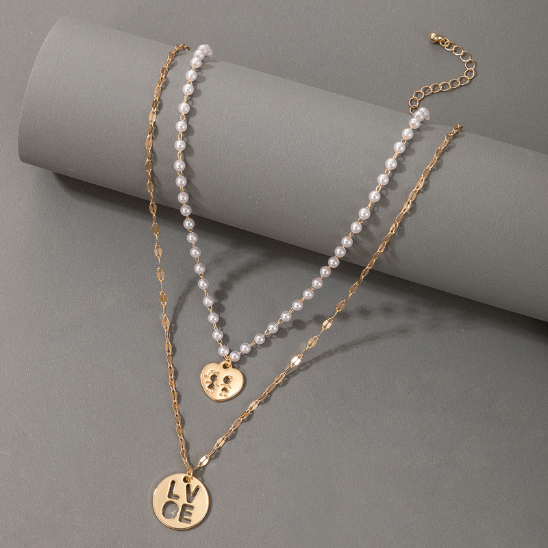 Korean new cute romantic pearl love pendant hollow letter doublelayer necklacepicture3