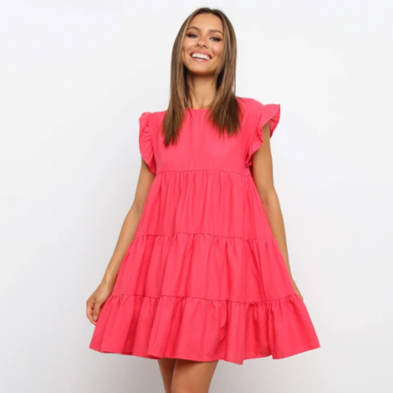 fashion ruffled solid color round neck loose shortsleeved dresspicture1