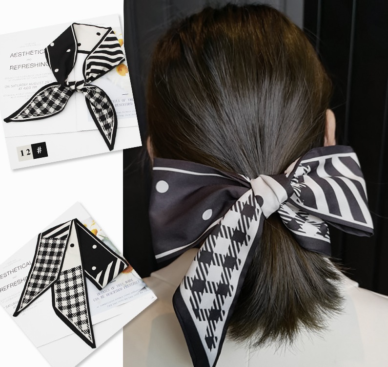 French fashion style new long tie hair silk scarf bow knot letter wave dot hair bandpicture32