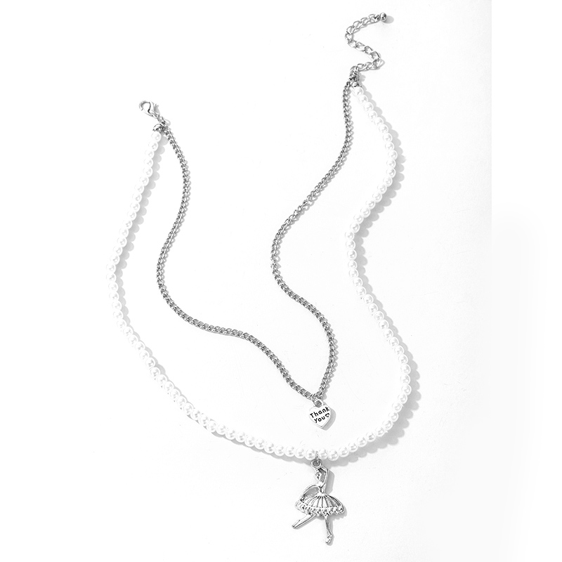 Simple Baroque Style Silver Love Pendant Pearl Dancing Girl Necklace 2-Piece Set