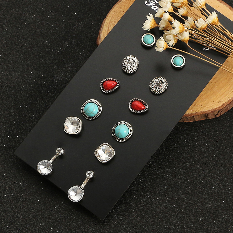 Nihaojewelry mode boucles d39oreilles diamant turquoise rubis ensemble bijoux en grospicture6