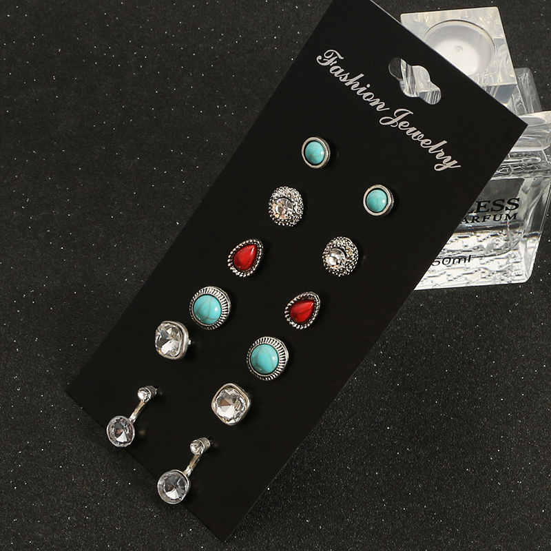 Nihaojewelry mode boucles d39oreilles diamant turquoise rubis ensemble bijoux en grospicture8