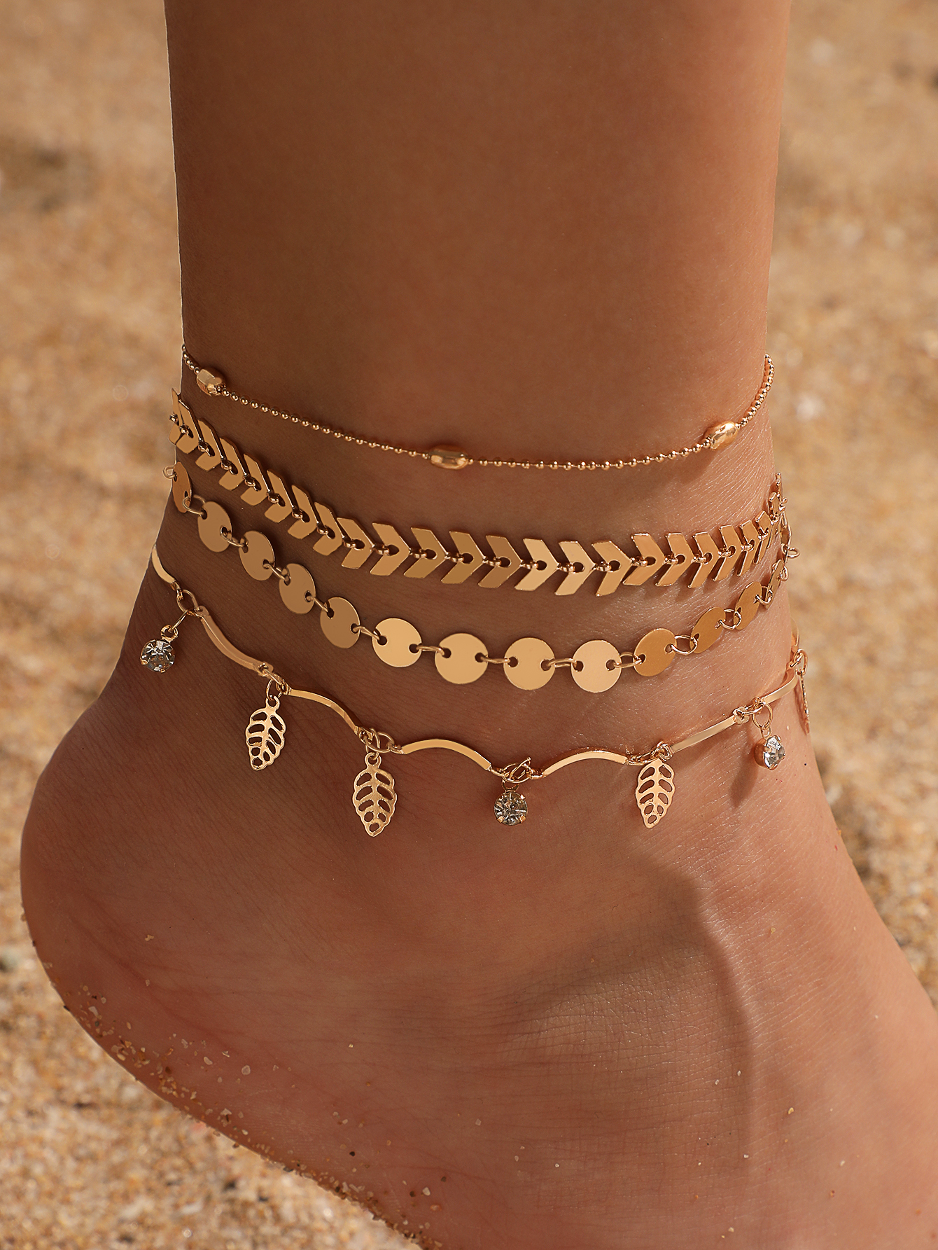 Wholesale Jewelry Simple Triangle Arrow Disc Hollow Leaf Anklet 4Piece Set Nihaojewelrypicture1