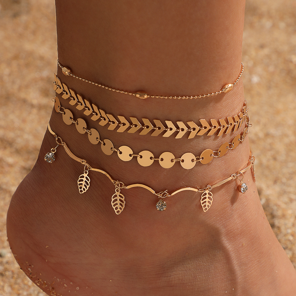 Wholesale Jewelry Simple Triangle Arrow Disc Hollow Leaf Anklet 4Piece Set Nihaojewelrypicture4