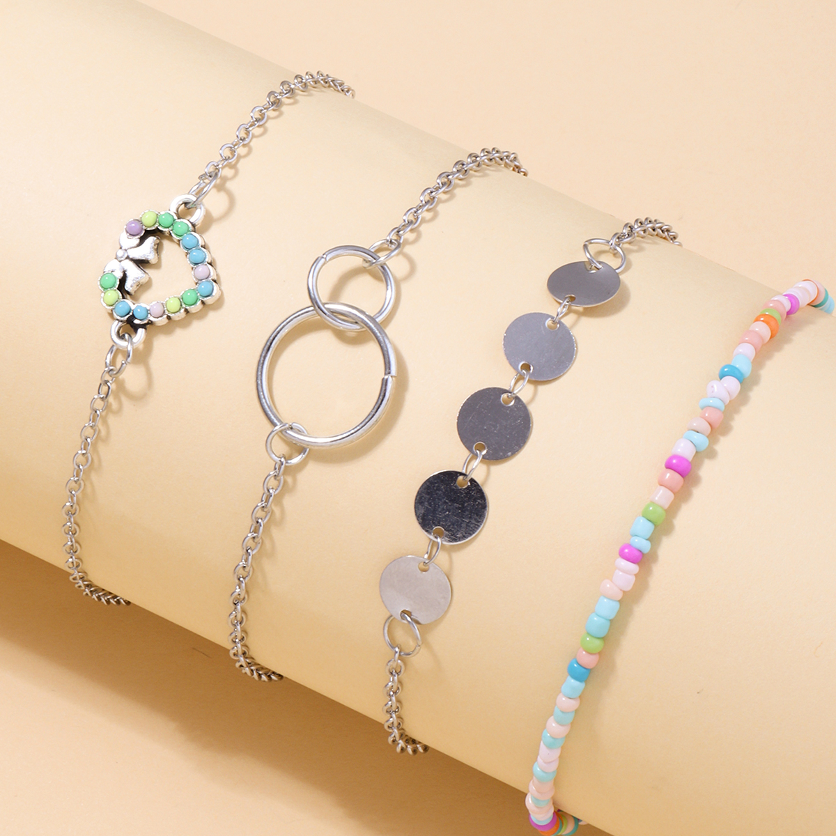 Nihaojewelry Jewelry Wholesale Color Beads Peach Heart Circle Pendant Childrens Bracelet Setpicture1