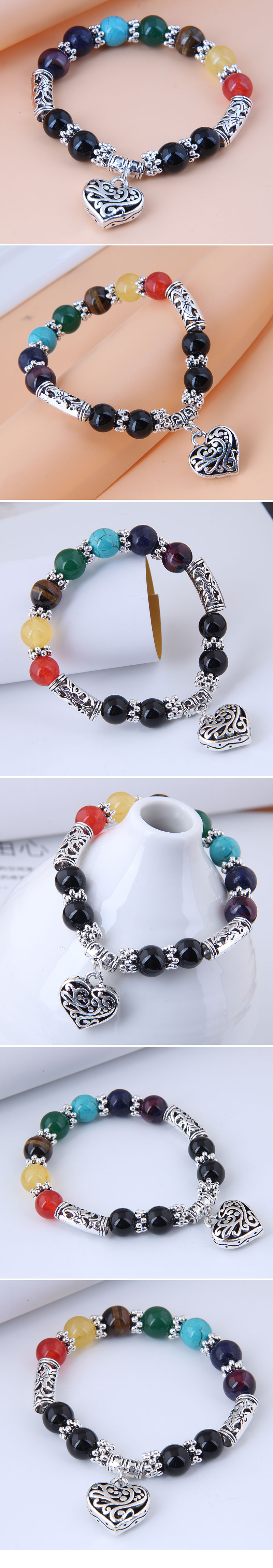 Nihaojewelry jewelry wholesale metal peach heart pendant colrful beads bracelet