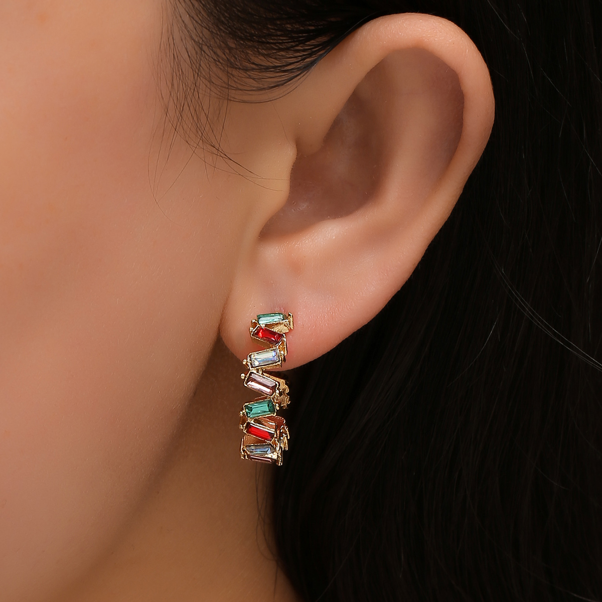 Fashion rainbow color diamond Cshaped earringspicture1