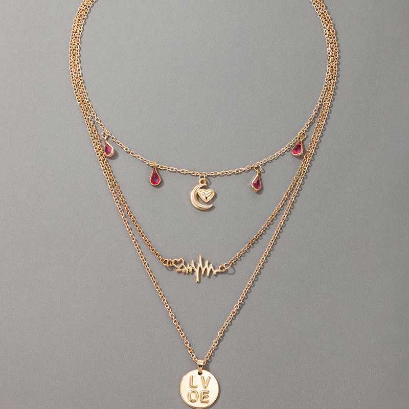 rhinestone tassel moon peach heart letter pendant threelayer necklacepicture3